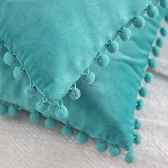 (Only Covers) Set of 2 Poms Poms Velvet Decorative Pillow Covers, Turquoise - Picture 2 of 2
